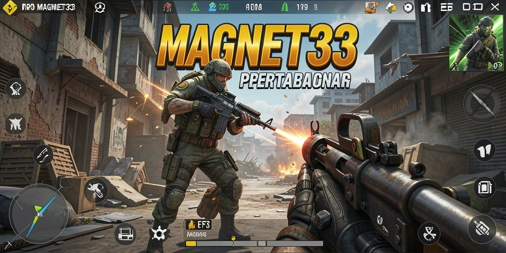 Tangkapan layar gameplay dari MAGNET33 menunjukkan aksi tembak-menembak yang seru.