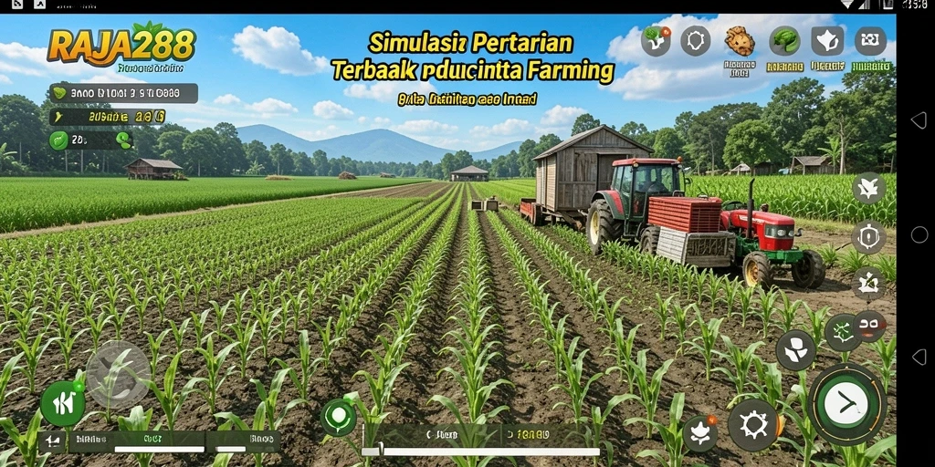 Tampilan gameplay RAJA288 menampilkan ladang yang subur dan aktivitas pertanian yang seru.