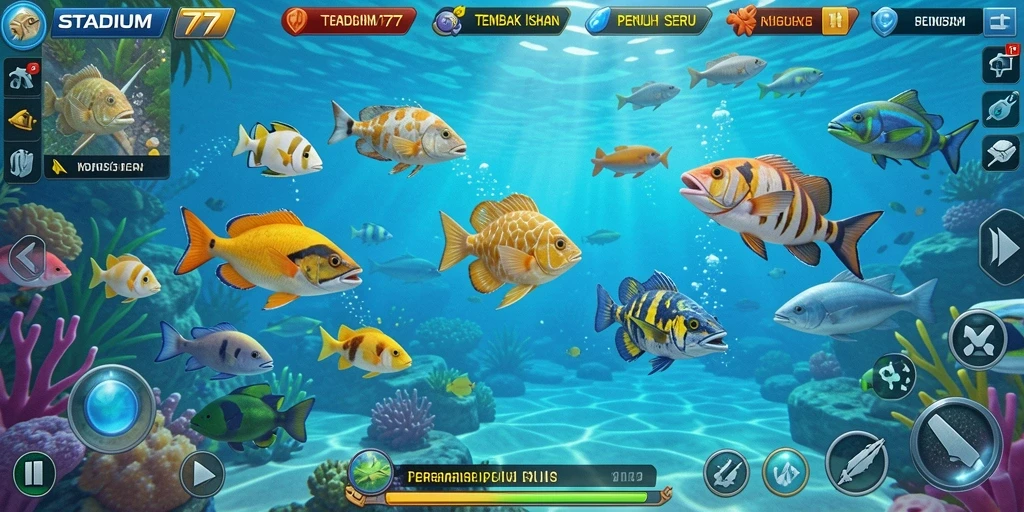 Screenshot gameplay STADIUM77 menampilkan keseruan berburu ikan.