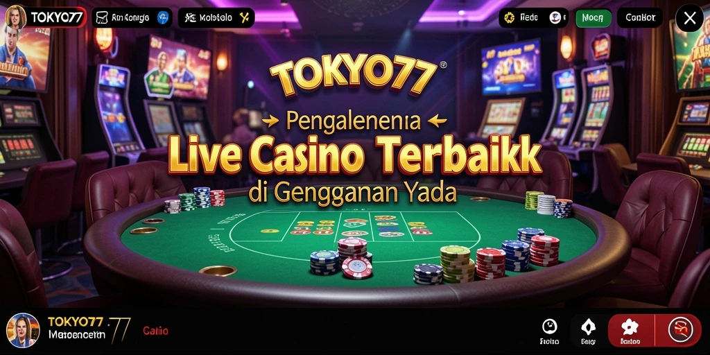 Screenshot gameplay TOKYO77 menampilkan dealer langsung yang berinteraksi dengan pemain.